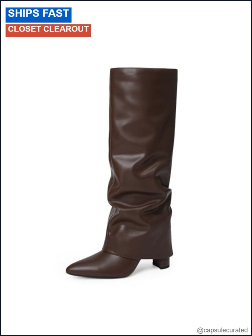 Women's Fold Over Knee High Boots Chunky Heel Pointed Toe Faux Leather